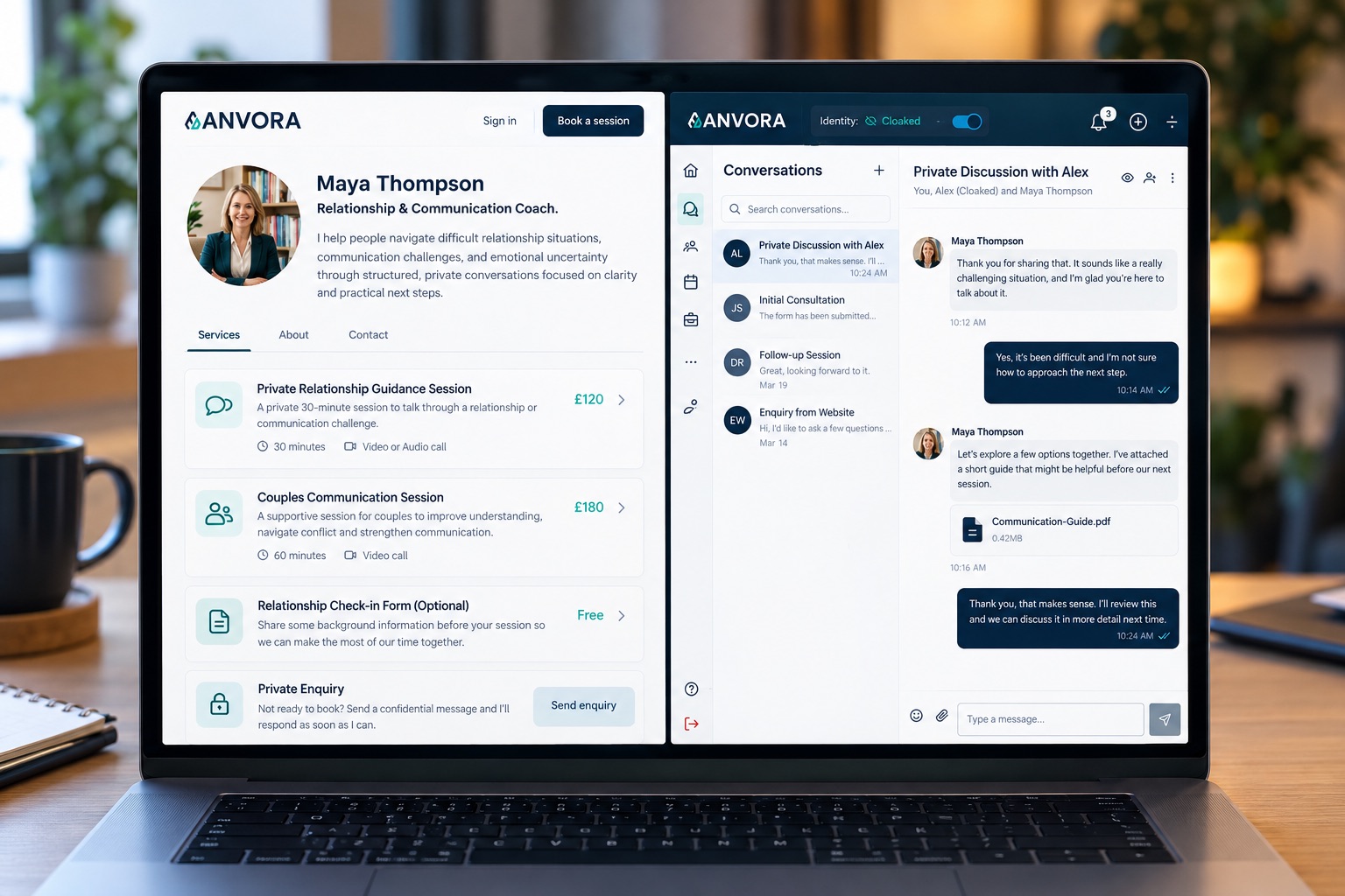 Anvora public service page and dedicated client conversation